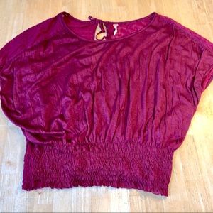 Free People Burgundy Crinkle Jersey And Lace Top